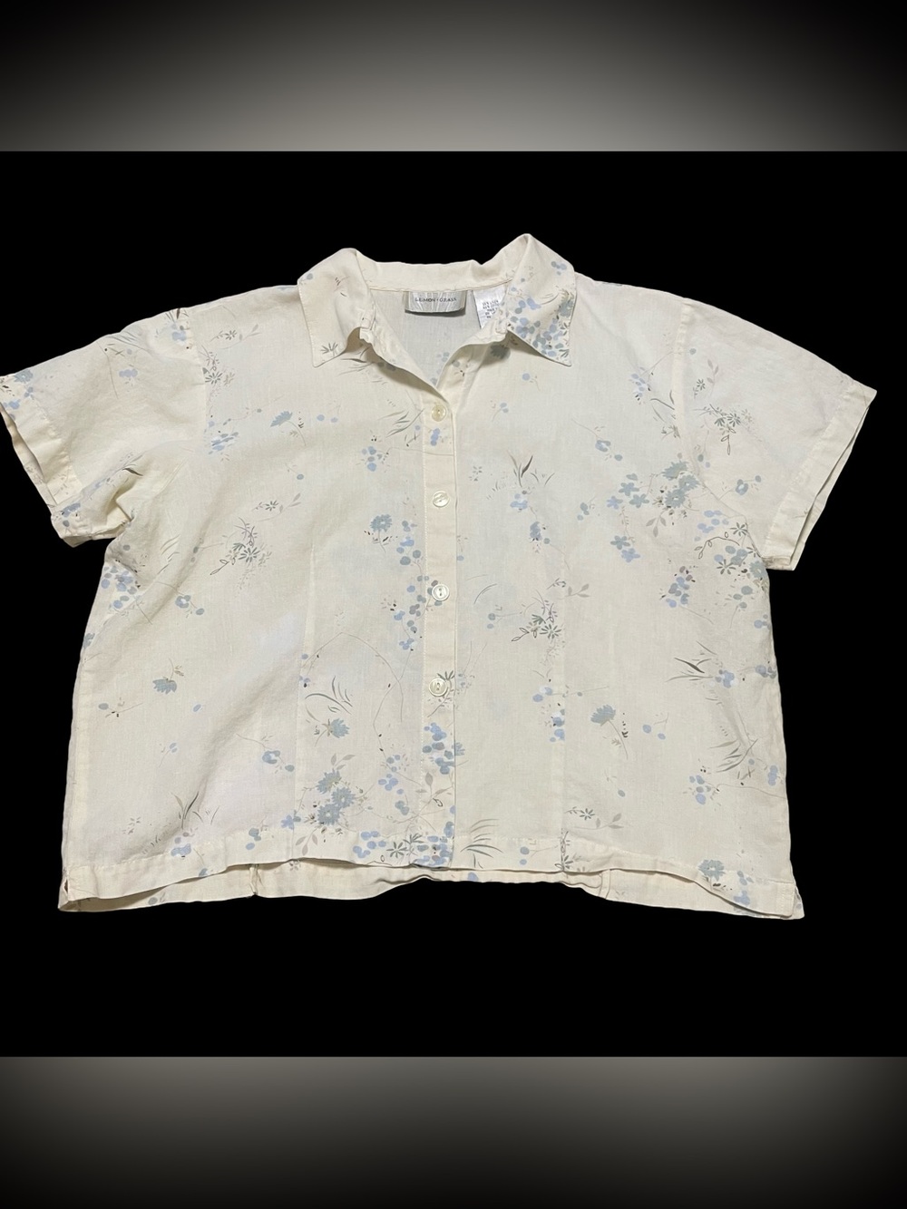 Linen Cotton Blend Short Sleeve Button-Up in Pale Yellow w/ Blue Floral Print